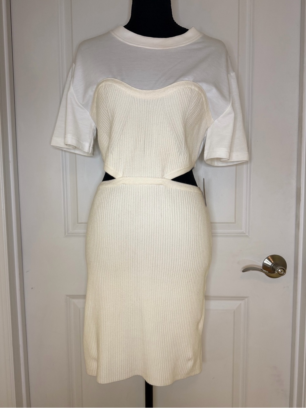 Herve Leger Women's Cream Ribbed Cutout sweater dress, size L, NWT